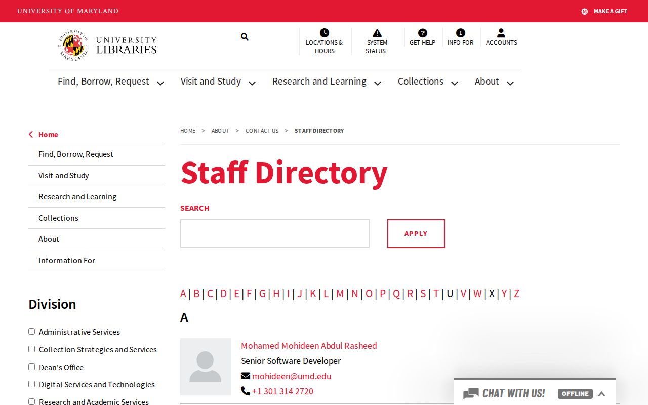 Laurel people directories resource in the UMD Libraries staff search