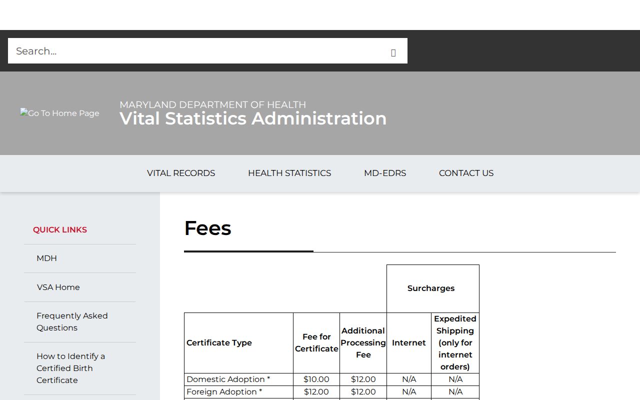 Maryland vital record fees for Laurel public records requests